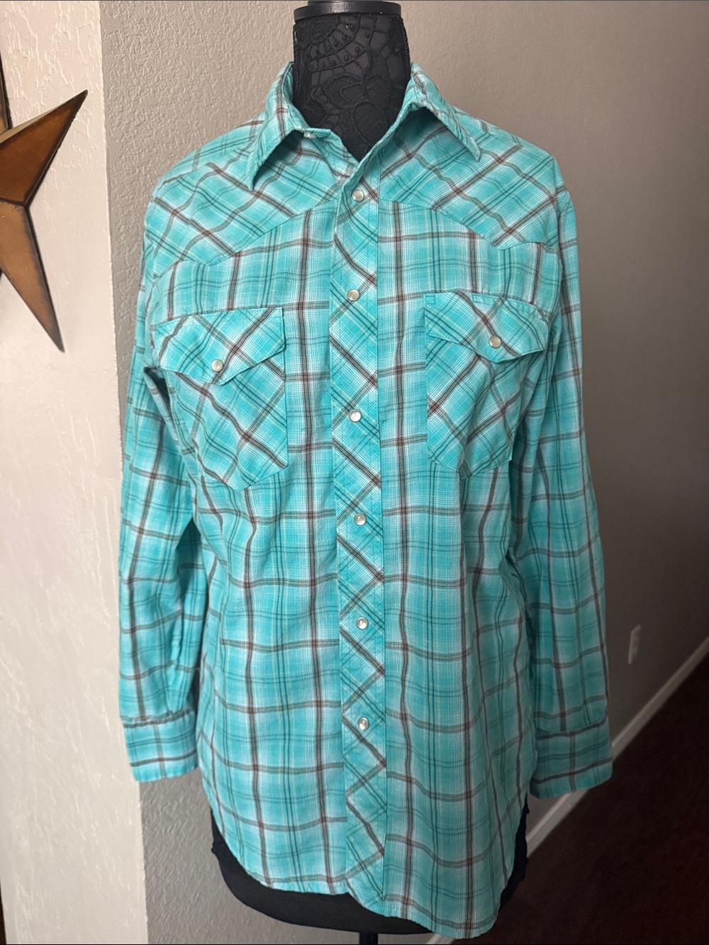 Wrangler Turquoise Plaid Western Pearl Snap Shirt